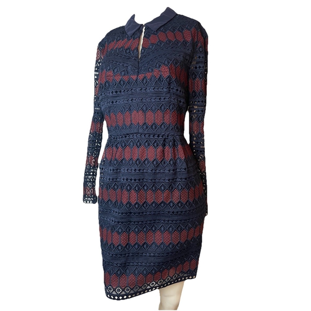 Trina Turk Women's Dress Size 10 Blue Red Rodin Lace Long Sleeve Mini NWT